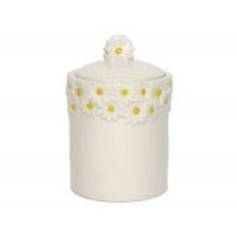 White Ceramic Daisy Pot by Gisela Graham. Off white ceramic pot with daisy pattern rim and lid holder. Seal around lid to keep contents fresh. Could be used as a small biscuit tin. Size 19x11cm